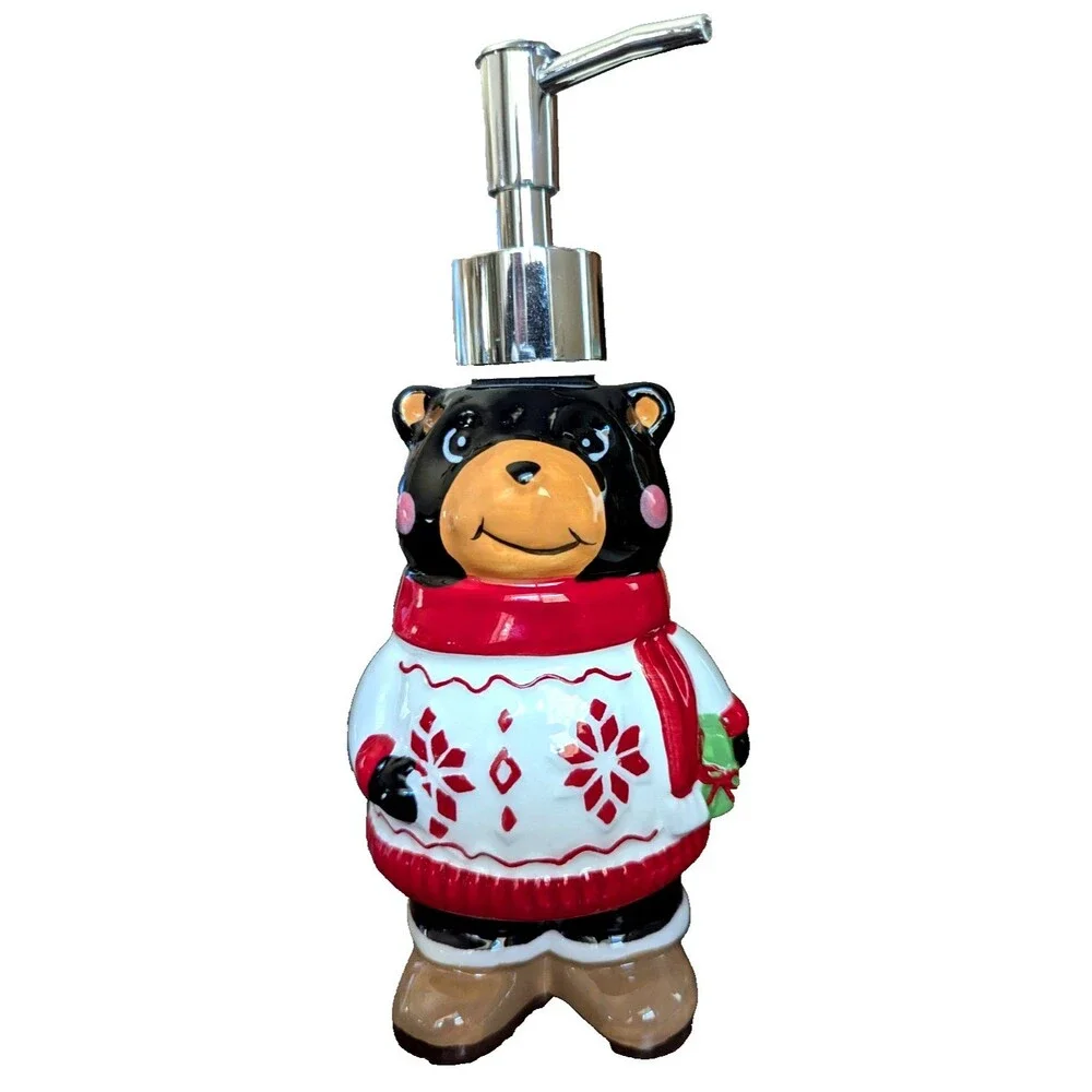 Black Bear Soap Dispenser Ceramic Snowflake Sweater Red Scarf Boots Gift NEW
